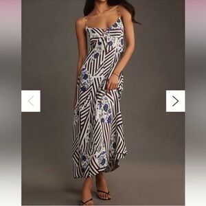 Anthropologie Black and White Striped Maxi Dress with Blue Floral Accents